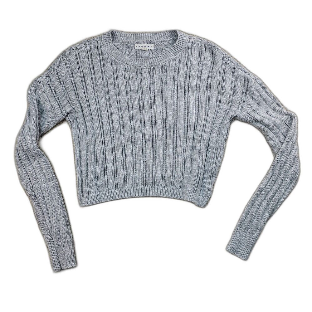 Aeropostale Cropped Knit Long Sleeve Sweater Gray Women's Size Small